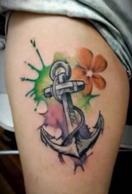 水彩花朵和船锚主题的一组船锚纹身图案