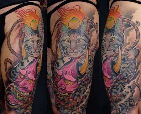 新传统大臂猫般若纹身图案