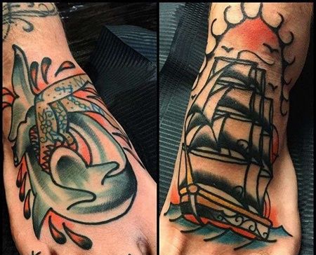 Old School脚背帆船鲨鱼纹身图案