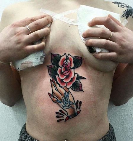 Old School腹部手玫瑰纹身图案