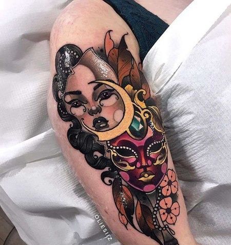 New School大臂女人面具纹身图案