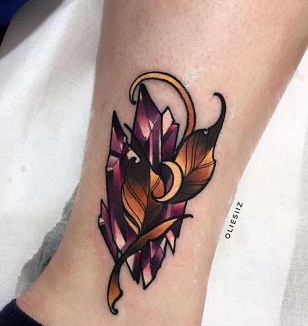 New School小腿宝石叶子纹身图案