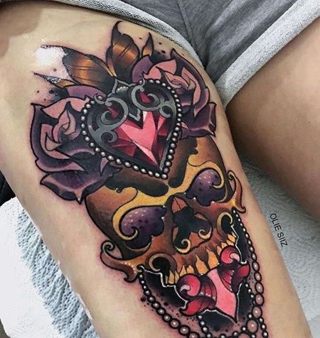 New School大腿骷髅宝石纹身图案