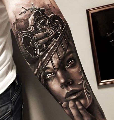 写实小臂女人机车纹身图案