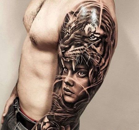 写实大臂老虎女人玫瑰纹身图案