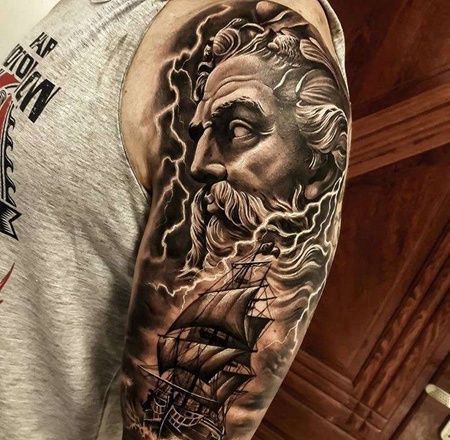 写实西方雕像帆船纹身图案