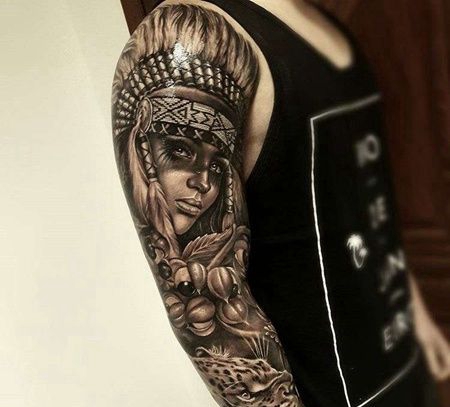 写实大臂印第安女人豹子纹身图案
