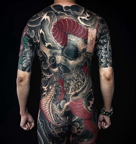 新传统后背骷髅蛇纹身图案