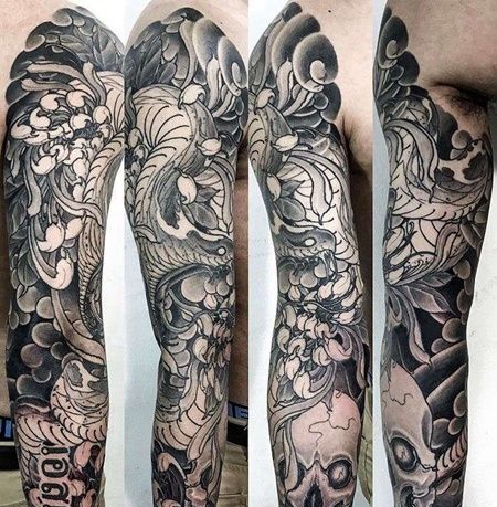 新传统胳膊蛇骷髅纹身图案