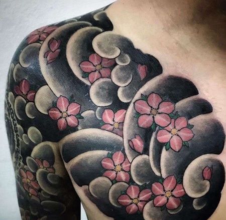 新传统大臂前胸樱花纹身图案