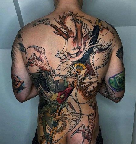 新传统后背龙鸦天狗纹身图案