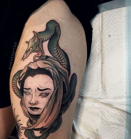 新传统小臂女人蛇纹身图案