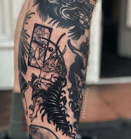 新传统小腿蜈蚣雷神纹身图案