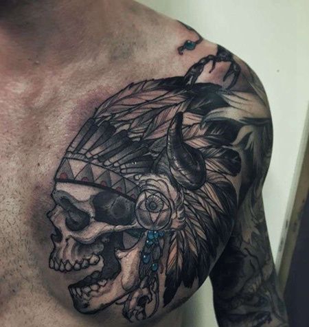 New School前胸印第安人骷髅纹身图案