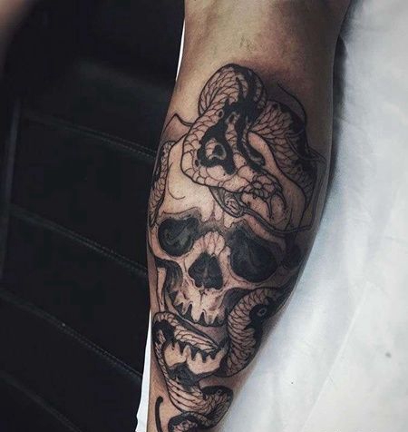 新传统小腿骷髅蛇纹身图案