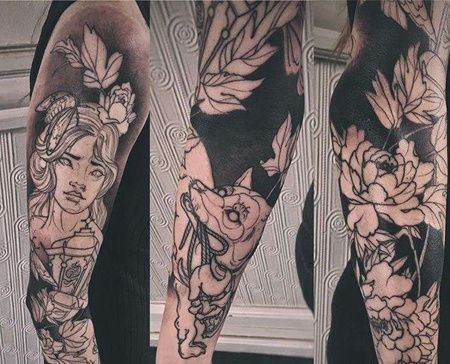 新传统胳膊女人狗纹身图案