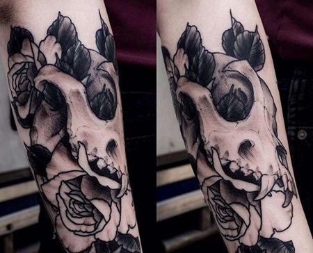 新传统小臂骷髅玫瑰纹身图案