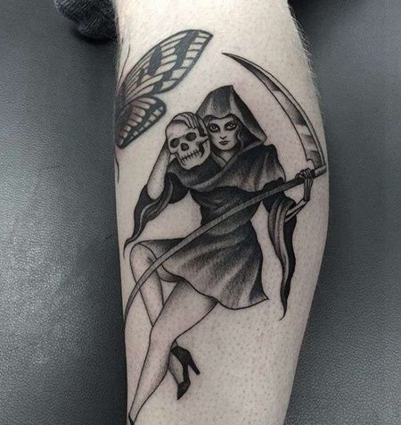 小腿女人骷髅纹身图案