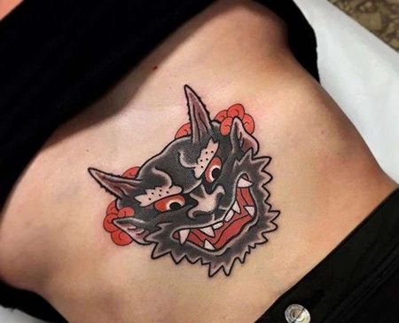 日式腹部唐狮纹身图案