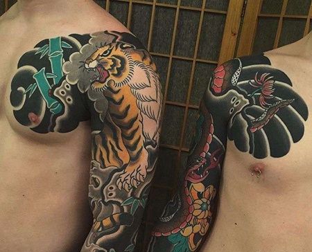 日式胳膊老虎蛇纹身图案