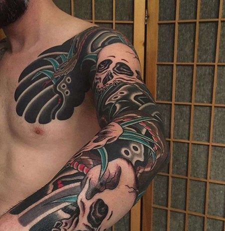 日式胳膊骷髅蛇纹身图案