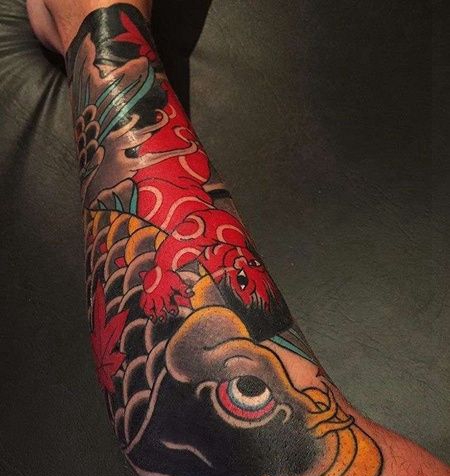 日式小腿鲤鱼河童纹身图案