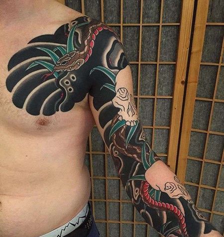 日式胳膊蛇骷髅纹身图案