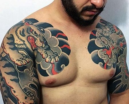 日式大臂龙老虎纹身图案