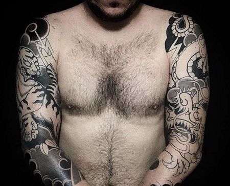 日式胳膊老虎龙纹身图案