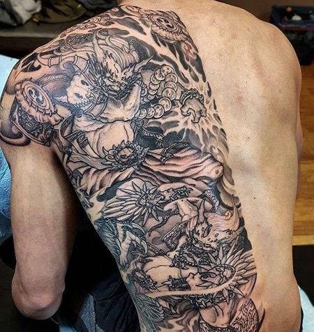新传统后背风神雷神纹身图案