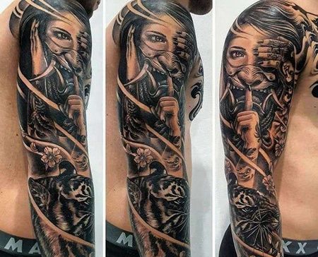 写实胳膊女人老虎纹身图案