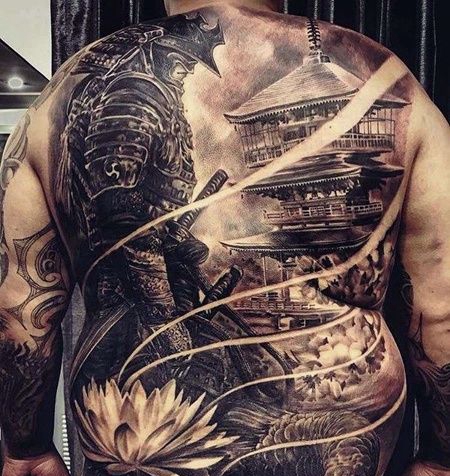 写实后背鬼武士建筑纹身图案
