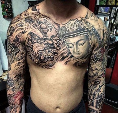 新传统前胸龙佛纹身图案