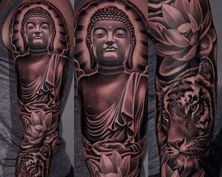 新传统胳膊佛老虎荷花纹身图案