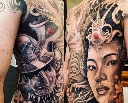 新传统侧腰鬼武士艺伎纹身图案