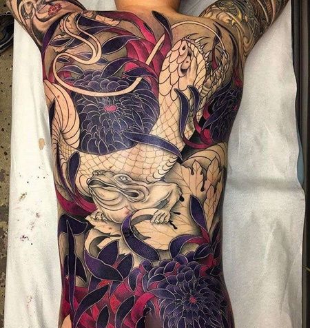 新传统后背蛇青蛙纹身图案