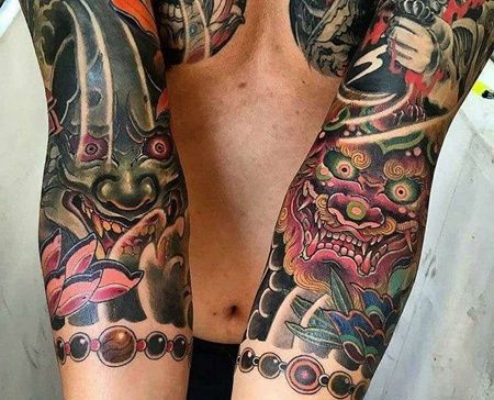 新传统小臂唐狮般若纹身图案