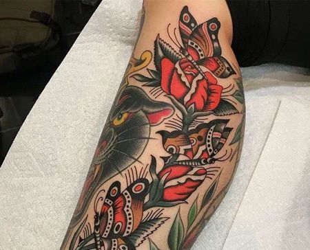 Old School小腿蝴蝶玫瑰纹身图案