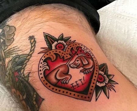 Old School大腿心狗纹身图案