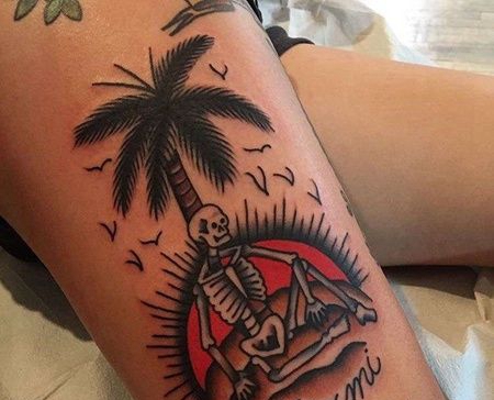 Old School小腿骷髅椰子树纹身图案