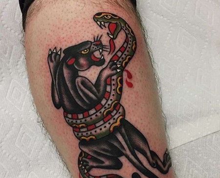 Old School小腿黑豹蛇纹身图案