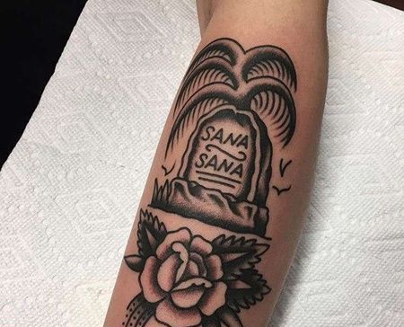 Old School小腿墓碑玫瑰纹身图案