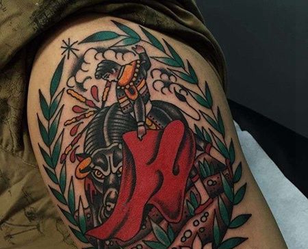 Old School大腿斗牛纹身图案