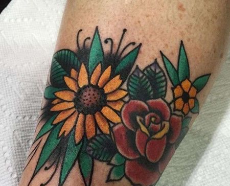 Old School小腿玫瑰向日葵纹身图案