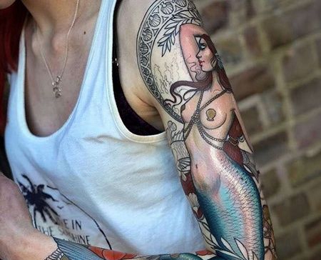 New School胳膊美人鱼纹身图案