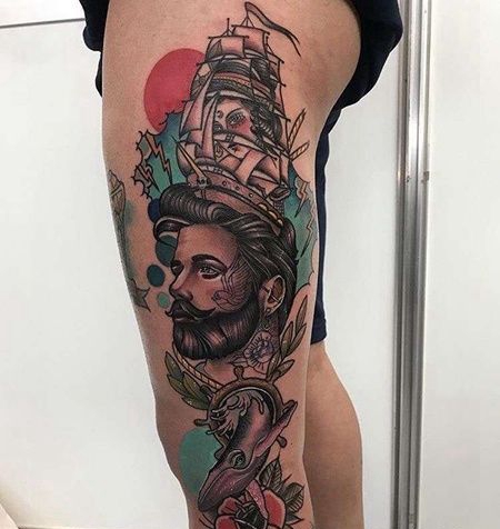 New School腿帆船鲸鱼水手纹身图案