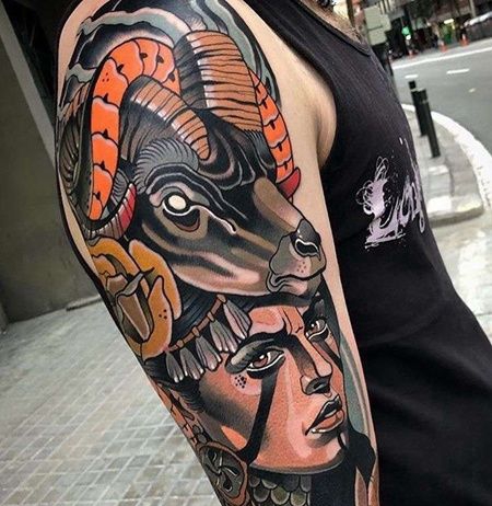 New School小臂女人羊纹身图案