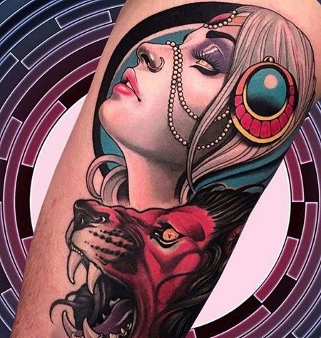 New School大腿女人狮子纹身图案