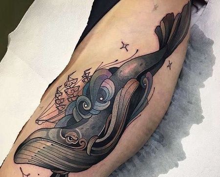 New School大腿鲸鱼纹身图案