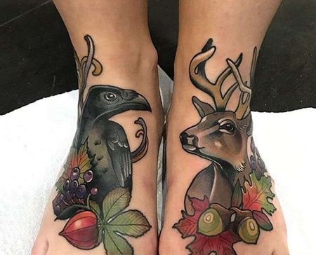New School脚背鹿乌鸦纹身图案